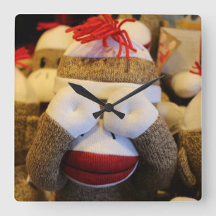 Peek-a-boo Sock Monkey Square Wall Clock