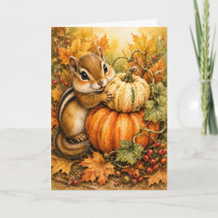 Peekaboo Chipmunk Pumpkin Harvest Watercolor Blank Card
