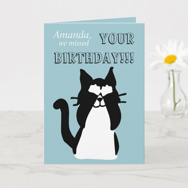 Peekaboo Kitty Cat Covering Eyes Belated Birthday Card (Small Plant)