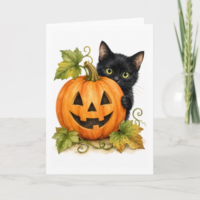 Peekaboo Pumpkin Patch Black Cat Watercolor Blank Card (Front)