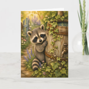 Peekaboo Racoon Rain Barrel Watercolor Blank  Card
