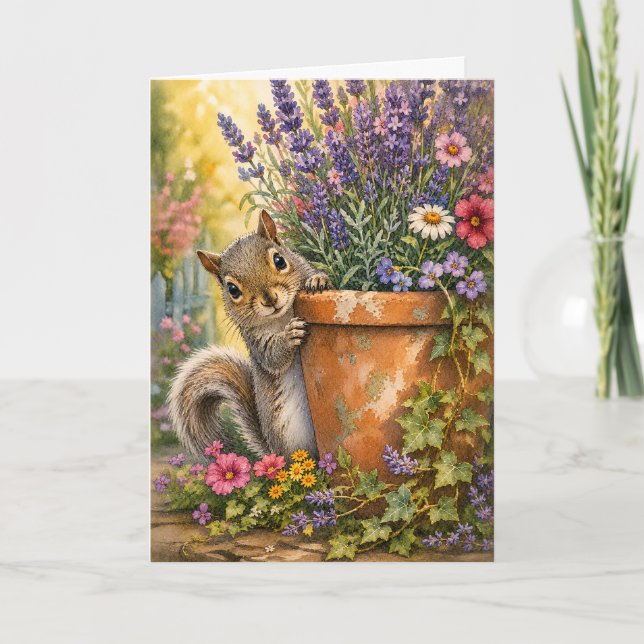 Peekaboo Squirrel Flower Pot Watercolor Blank  Card (Front)