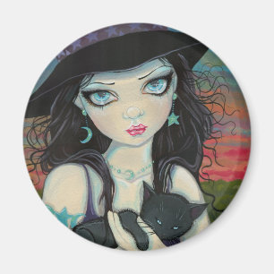 Peekaboo Witch and Cat Halloween Fantasy Art Magnet