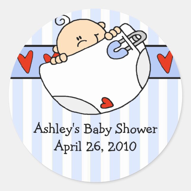 Peeking Baby Boy & Diaper Baby Shower Sticker (Front)