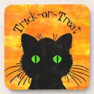 Peeking Black Cat Halloween Watercolor Design Coaster