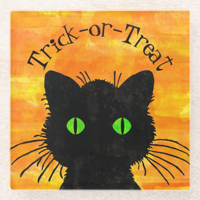 Peeking Black Cat Halloween Watercolor Design Glass Coaster (Front)