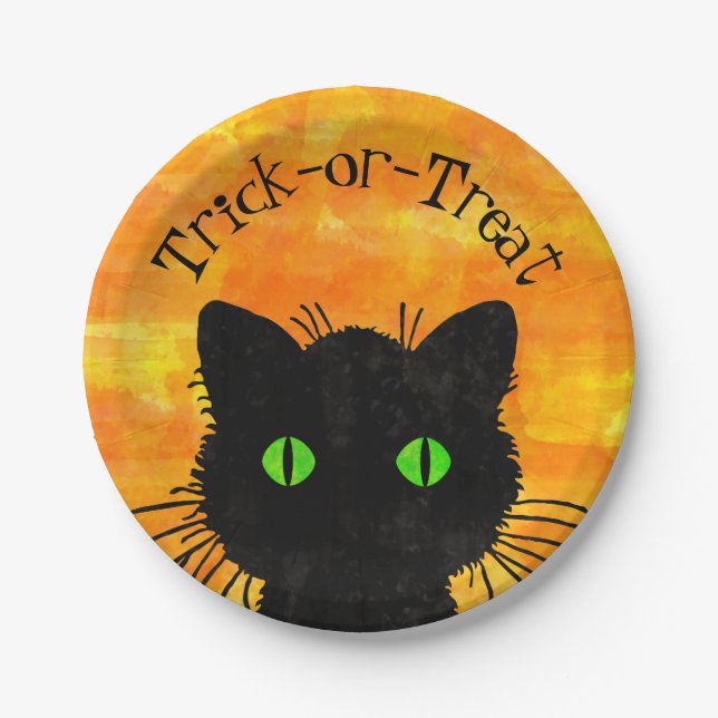 Peeking Black Cat Halloween Watercolor Design Paper Plate (Front)
