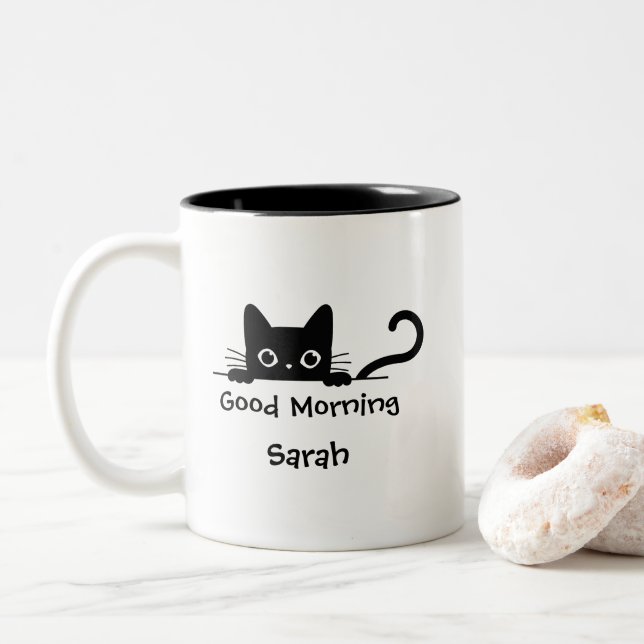 Peeking Black Cat Mug – Custom Text Coffee Cup (With Donut)