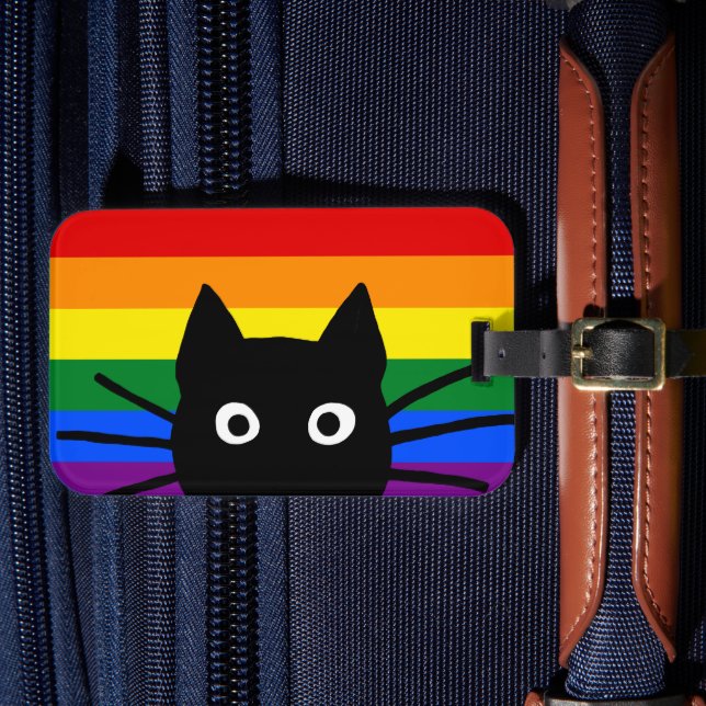 Peeking Black Cat Rainbow Flag Luggage Tag (Front Insitu 4)