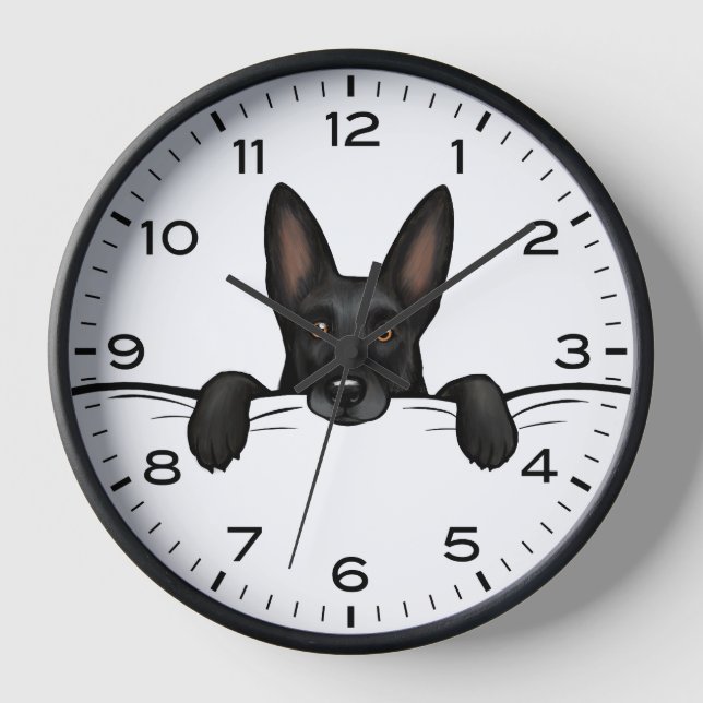 Peeking Black German Shepherd Dog Wall Clock (Front)