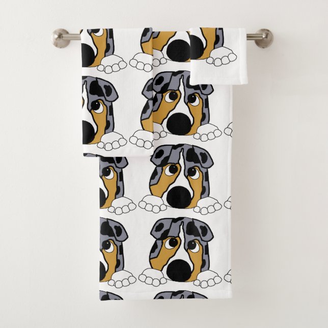 peeking blue merle aussie bath towel set (Insitu)