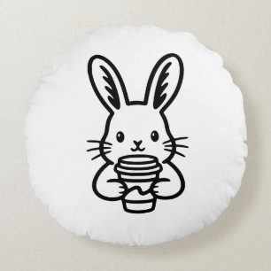 Peeking Bunny with Coffee Cup Round Cushion
