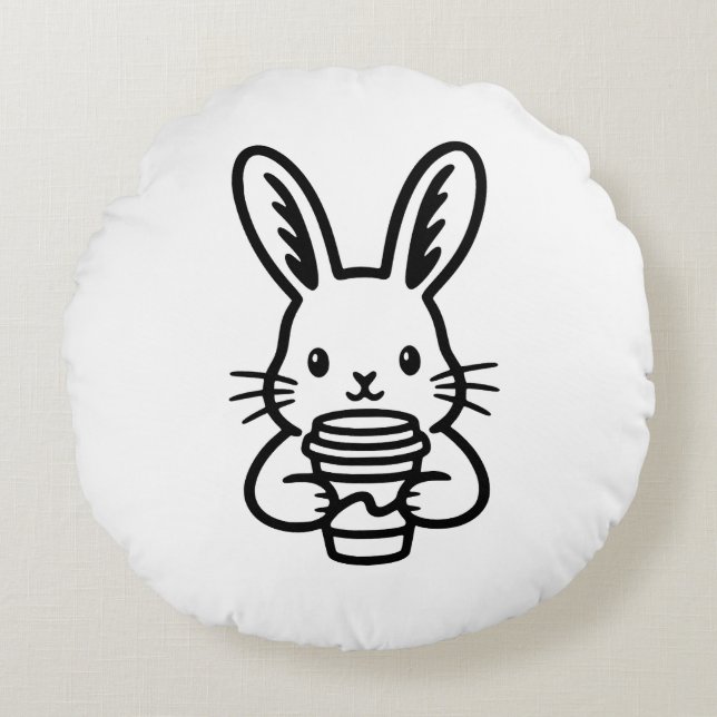 Peeking Bunny with Coffee Cup Round Cushion (Front)