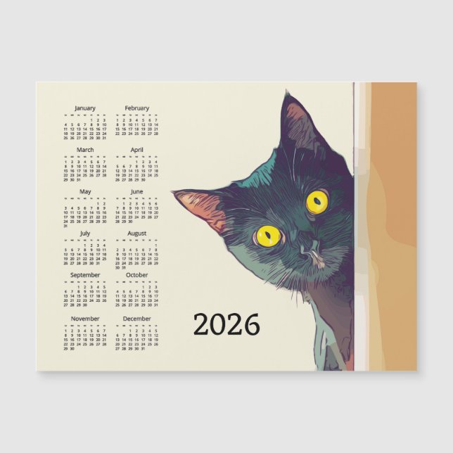 Peeking Cat 2026 Calendar Magnetic Card (Front)