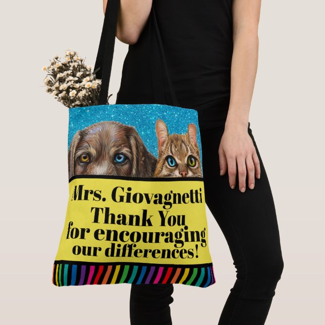 Peeking Cat and Dog Teacher Tote - See Back! Bag (Close Up)