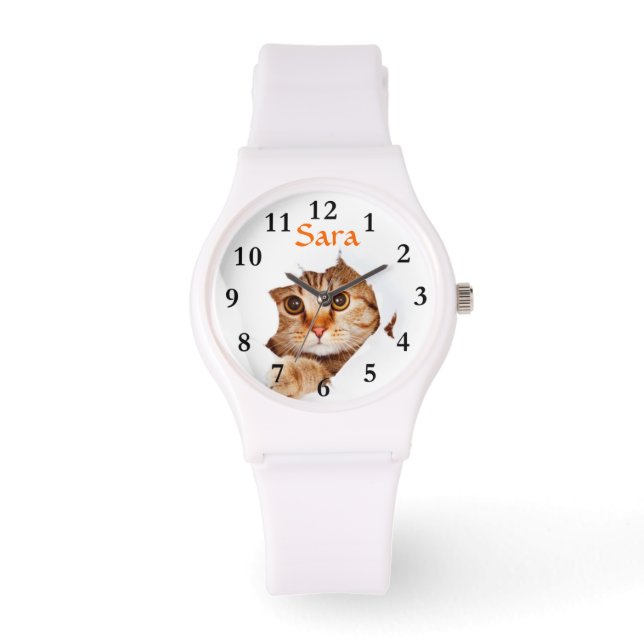 Peeking Cat on Sporty White Silicon Wrist Watch (Front)