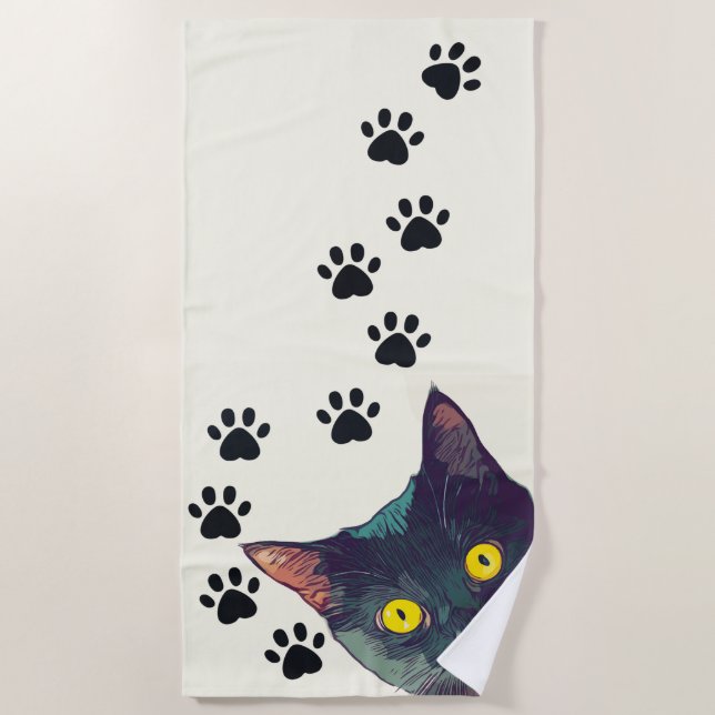 Peeking Cat Paw Prints Design Beach Towel (Front)
