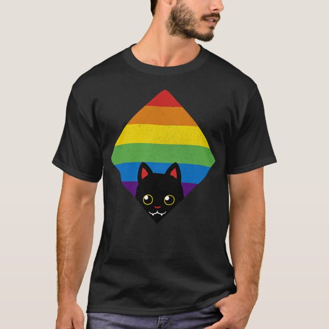 Peeking Cat Rainbow Pride Square Flag PrideMonth b T-Shirt (Front)