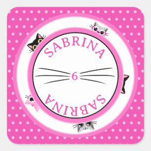 Peeking Cats Pink Polka Dot Square Sticker