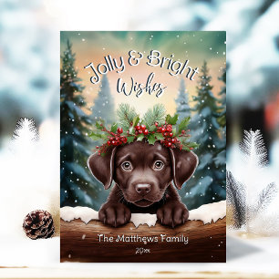 Peeking Chocolate Lab Jolly & Bright Rustic Forest Holiday Card