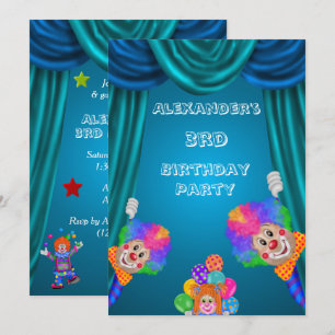 Peeking Clowns Boy's 3rd Birthday Double Sided Invitation