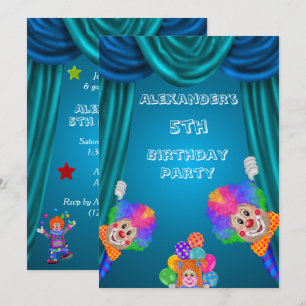 Peeking Clowns Boy's 5th Birthday Double Sided Invitation
