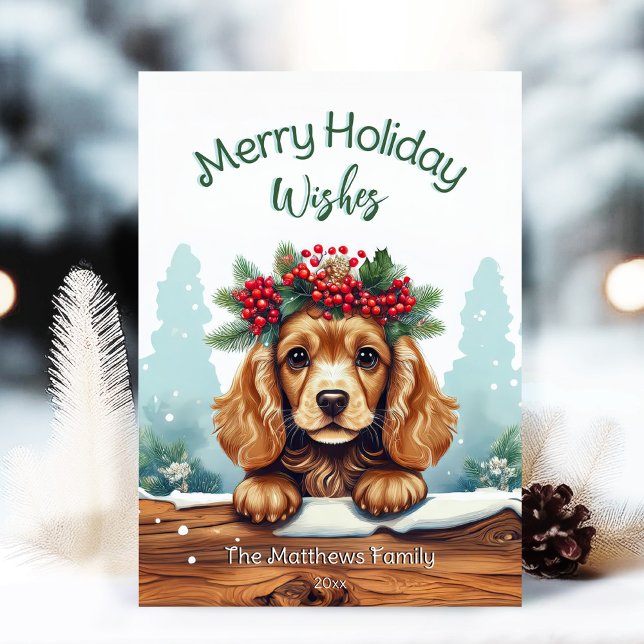 Peeking Cocker Spaniel Merry Wishes Pet Portrait Holiday Card (Adorable Winter Snowy Scene With Peeking Dogs or Farm/Woodland Animals - Over 50 to Choose From!)
