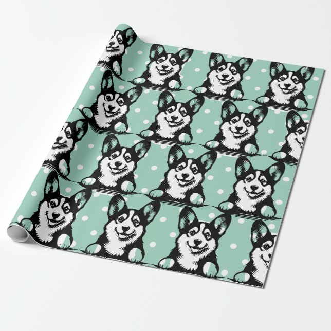 Peeking Corgi Green Personalised Theme  Wrapping Paper (Unrolled)