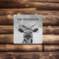 Peeking Cow Clouds Black White Square Wall Clock