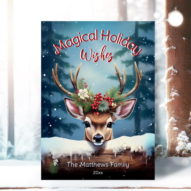 Peeking Deer Magical Wishes Snowy Enchanted Forest Holiday Card (Adorable Winter Snowy Scene With Peeking Dogs or Farm/Woodland Animals - Over 50 to Choose From!)