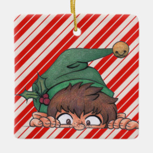 Peeking Elf Christmas Ceramic Ornament
