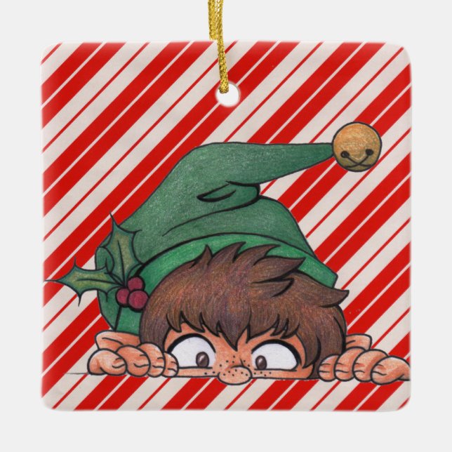 Peeking Elf Christmas Ceramic Ornament (Front)