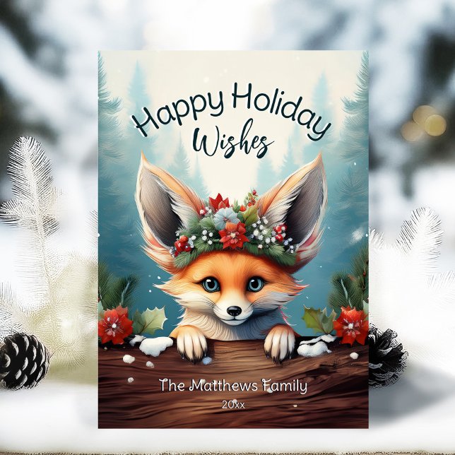 Peeking Fennec Fox Snowing Woodland Forest Happy Holiday Card (Adorable Winter Snowy Scene With Peeking Dogs or Farm/Woodland Animals - Over 50 to Choose From!)
