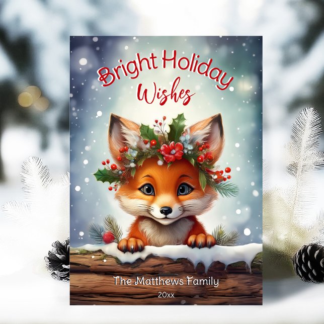 Peeking Fox Bright Wishes Snowy Winter Wonderland Holiday Card (Adorable Winter Snowy Scene With Peeking Dogs or Farm/Woodland Animals - Over 50 to Choose From!)