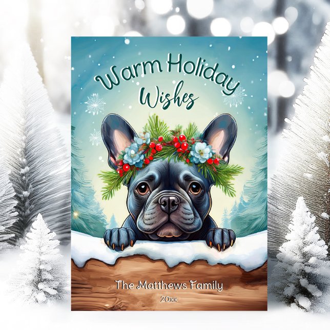 Peeking French Bulldog Cute Christmas Pet Portrait Holiday Card (Adorable Winter Snowy Scene With Peeking Dogs or Farm/Woodland Animals - Over 50 to Choose From!)