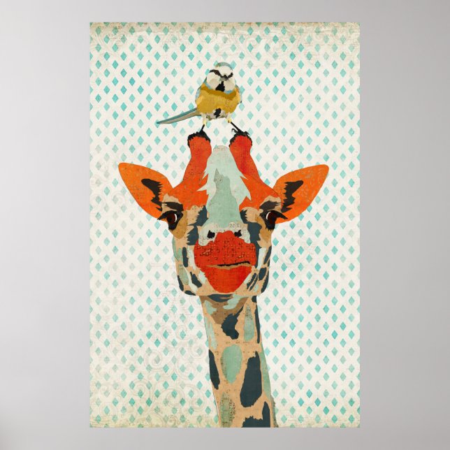 Peeking Giraffe & Little Bird Art Poster (Front)