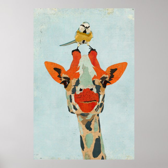 Peeking Giraffe & Little Bird Art Poster (Front)