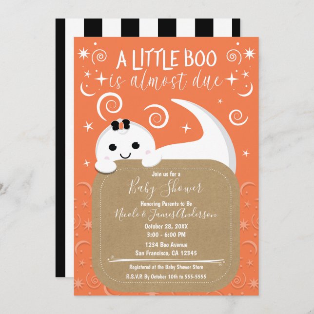 Peeking Girl Ghost Orange Halloween Baby Shower Invitation (Front/Back)