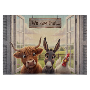 peeking highland cow and donkey cutting board