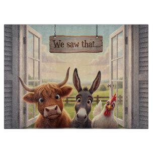peeking highland cow and donkey cutting board
