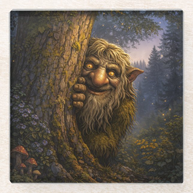 Peeking Norwegian Troll, Glass Coaster (Front)