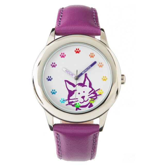 Peeking Purple Cat with Paws as Numbers Watch (Front)