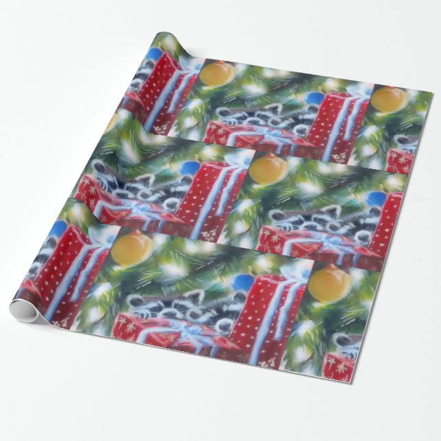 Peeking Raccoons Christmas Presents  Wrapping Paper (Unrolled)
