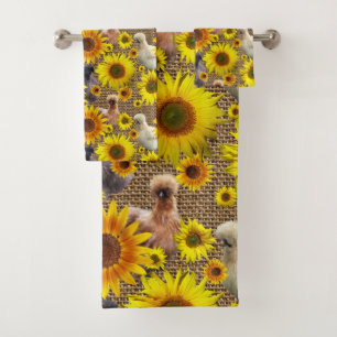 Peeking Silkies with Sunflowers on Burlap Bath Towel Set