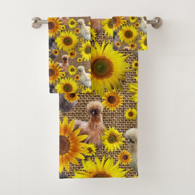 Peeking Silkies with Sunflowers on Burlap Bath Towel Set (Insitu)