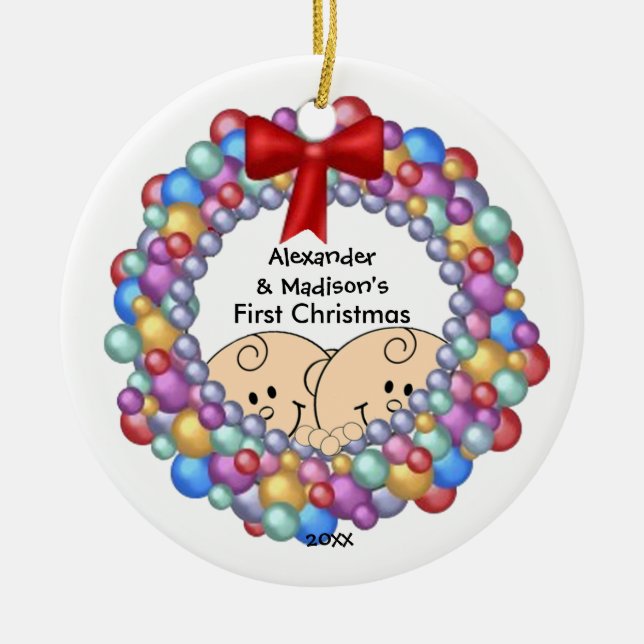 Peeking Twins Baby's First Christmas Ornament (Front)