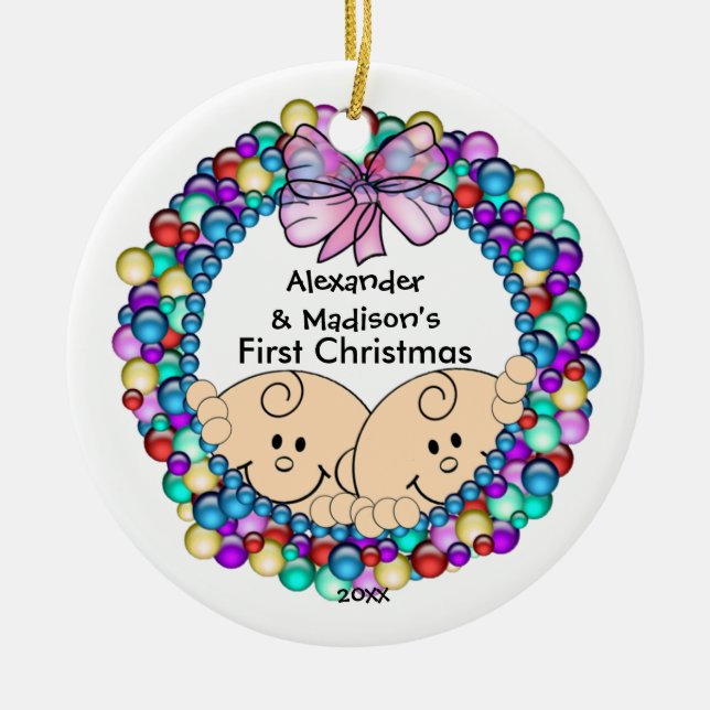 Peeking Twins Baby's First Christmas Ornament (Front)