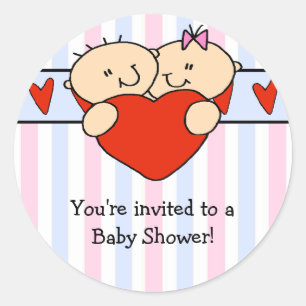 Peeking Twins & Heart Baby Shower Sticker