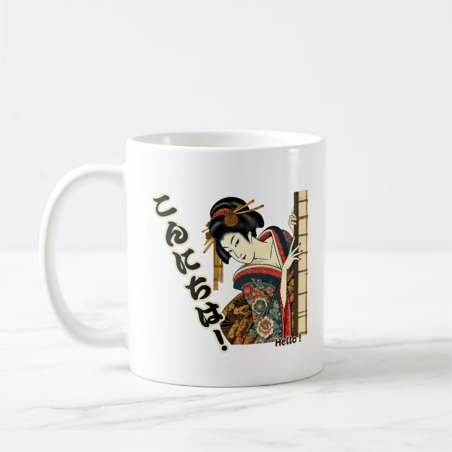 Peeking Ukiyo-e geisha - Konnichiwa! Coffee Mug (Left)