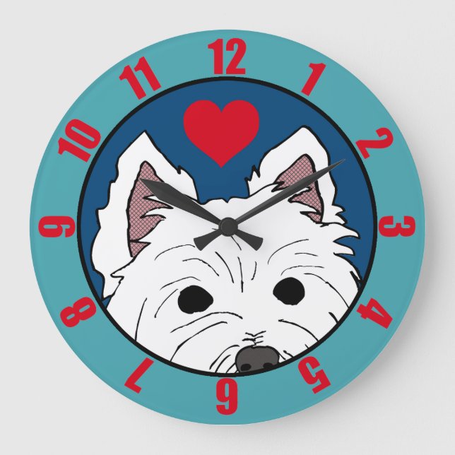 Peeking Westie with Heart (Regular Numerals) Large Clock (Front)